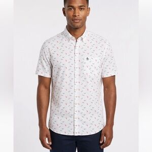 Original Penguin 100% COTTON Short Sleeve Shirt LARGE sunglasses print blue red